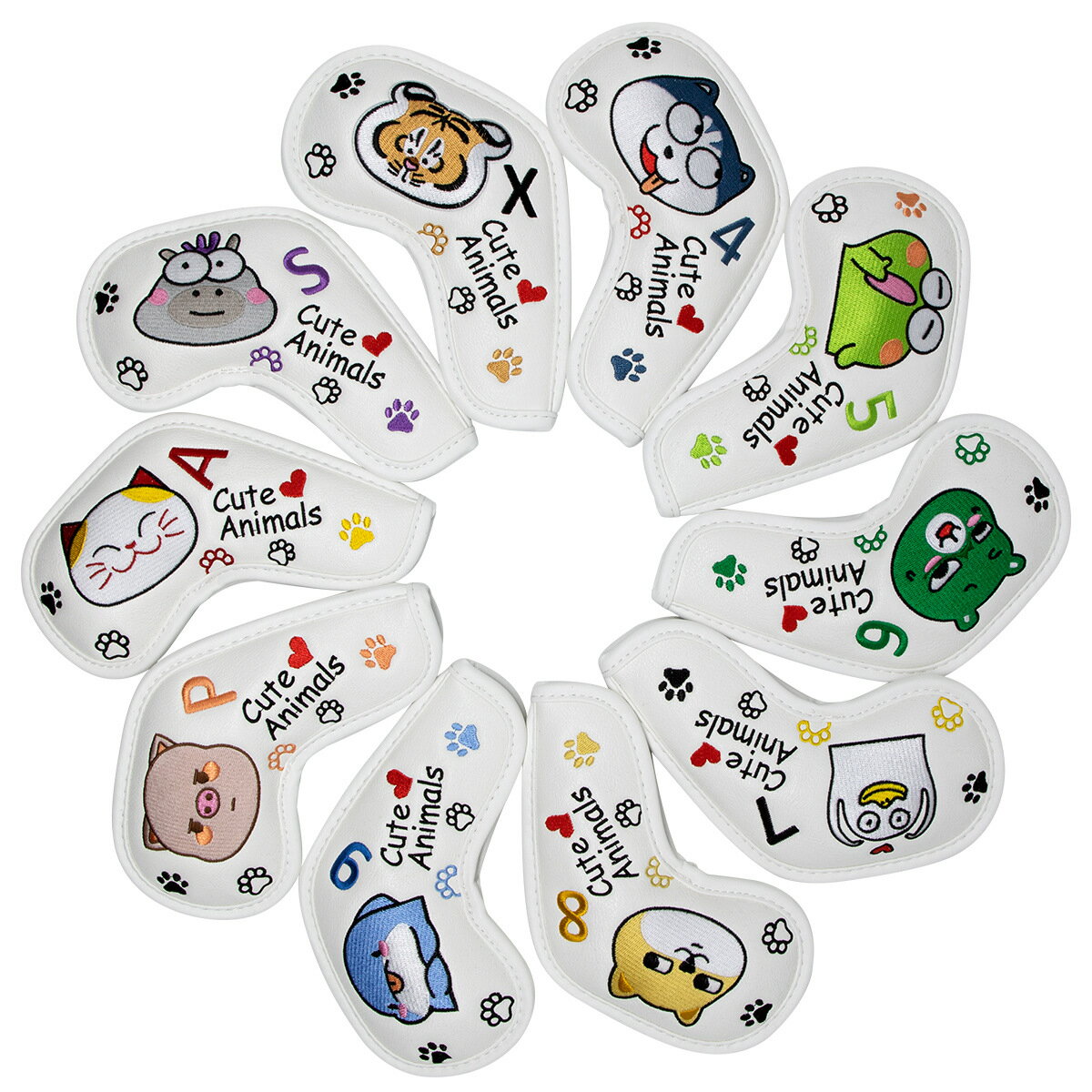 【10個セット】ゴルフアイアンカバー キュートアニマル ヘッドカバー ロングネックタイプ 動物 ゴルフカバー PUレザー製 防水 アイアンヘッドカバー マジック...