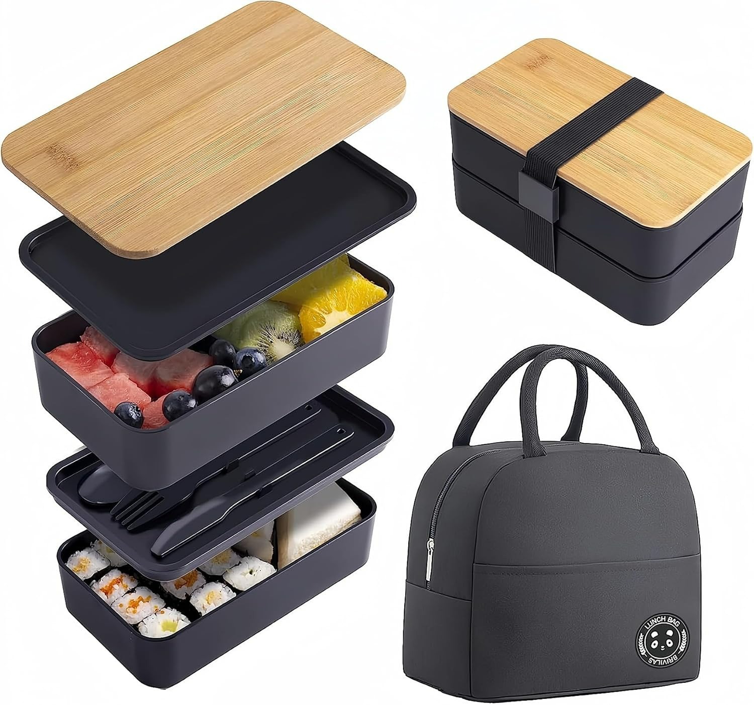 Rakuten - 弁当箱 ケース付き 弁当箱1200ml ランチボックス 竹製蓋 ブラック ホームレーベル 大容量弁当箱 保冷バッグ付 食洗器 電子レンジ対応 2段 2色 シンプル おしゃれ 簡単 食器を含み 男性のお弁当箱 断熱バッグ付き