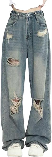 Pants - ダメージ加工 デニムパンツ ロングパンツ レディース ワイド ジーンズ ジーパン 体型カバー ダメージデニム ロング丈 春 夏 カジュアル ヒップホップ ダンス衣装 レトロ ストリート 美脚 着痩せ おしゃれ 韓国風