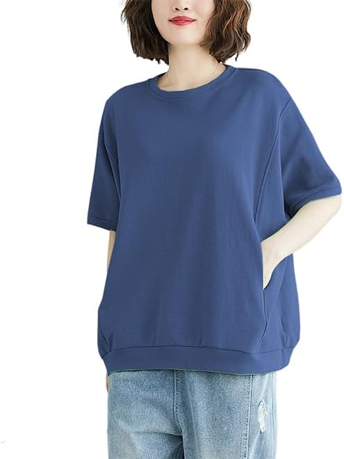 乐天商城 - 半袖 五分袖 ポケット付き ビッグシルエット おしゃれ レディース Tシャツ プルオーバー スウェット トップス トレーナー クルーネック 無地 シンプル 5分袖 大きいサイズ ドルマン 体型カバー カジュアル 五分袖