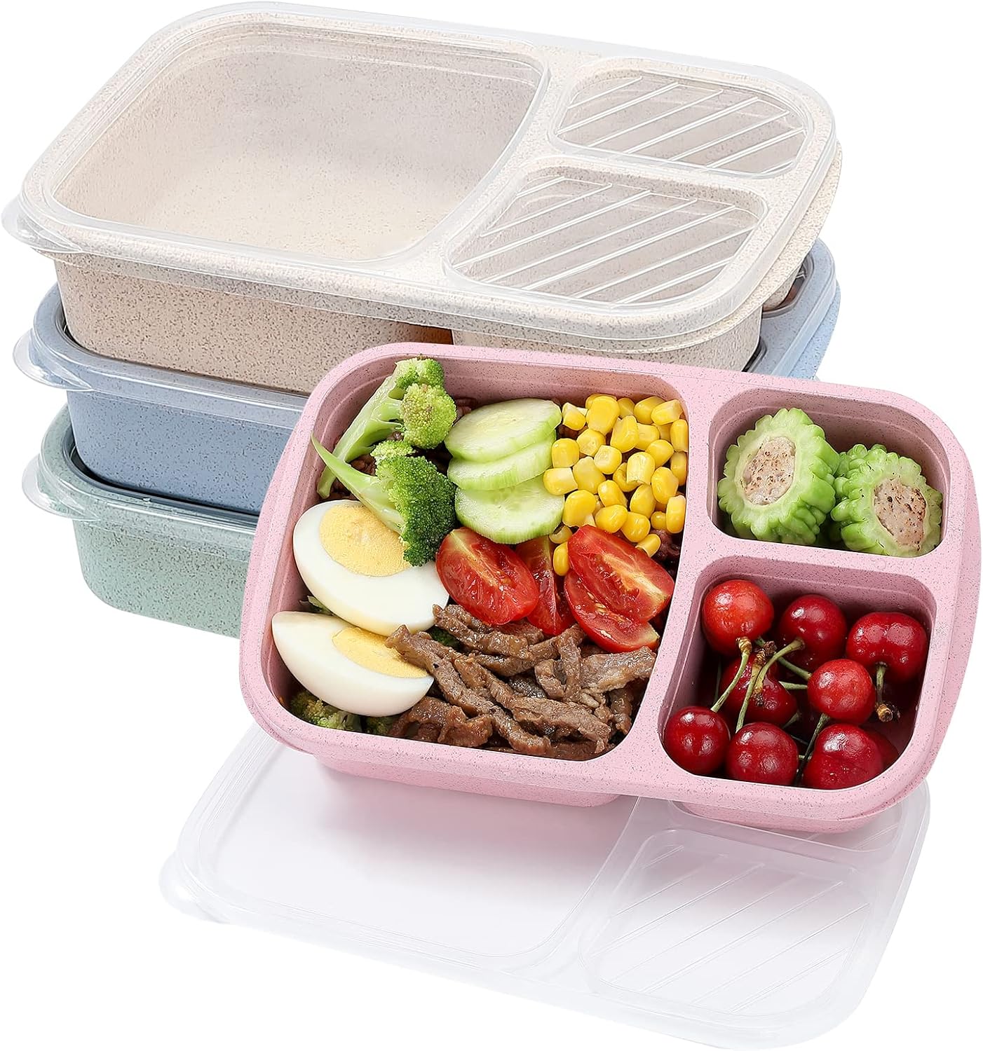 乐天商城 - 4パック 弁当用ランチボックスセット 3つのコンパートメント 食品保存容器 麦わら 食事準備 ランチボックス プラスチック食品保存容器 電子レンジおよび食器洗い機対応