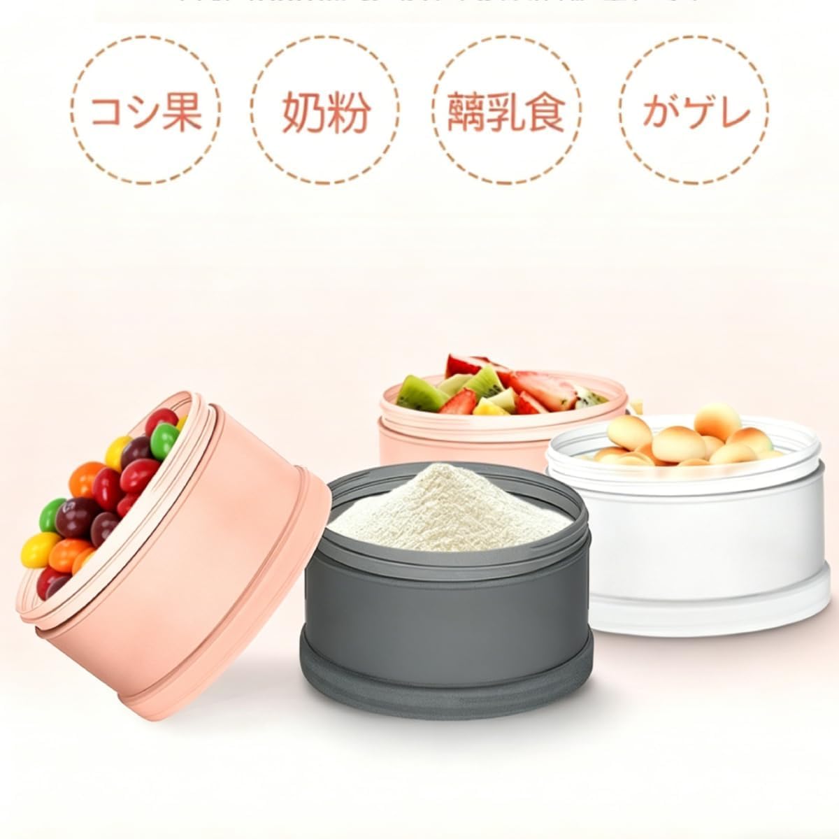 Fourty Threeの【4段 式 2個 セット】粉ミルク ケース 漏斗 付き プロテイン ケース 携帯 便利 防湿 加工 取り外し可能 積み重ね可能 大容量 50g x 4層 フィットネス 用 兼用 お菓子 入れ 最適 旅行 用 アウトドア 用 便利 グッズ スポンジ ブラ｜アングル3