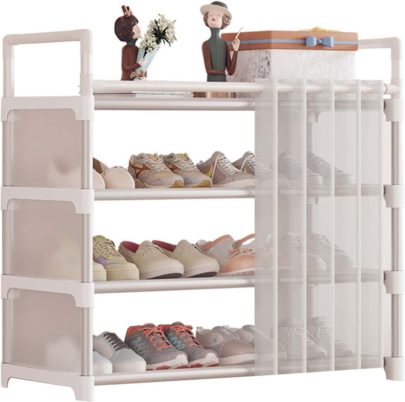 レースカーテン付きシューズラック、4段、65×60×30cm、亜鉛めっき鋼管、プラスチック結合部、PPフィル..