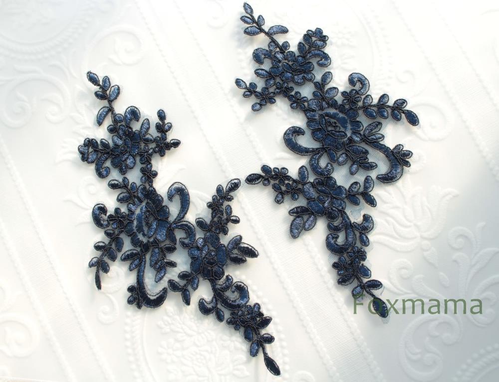 チュールコード刺繍レースモチーフ 1対 花 ネイビー (MFLB62NVEJJL)