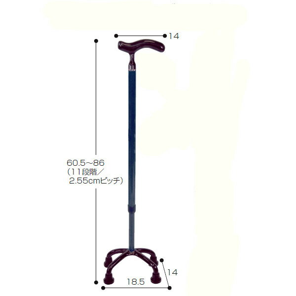 商品説明商品の仕様●サイズ／長さ60.5〜86cm（11段階／2.55cmピッチ）、グリップ長さ：14cm、脚部：幅14×奥行18.5cm●重さ／400g●材質／本体・グリップ・ベース：カーボン、グリップカバー：TPE●ネック形状／細型●適応ゴムチップ内径／15mm＊調節ピンは確実に固定されているか必ず確認してください。＊止めネジは確実に締めてください。商品の説明・超軽量（400g）オールカーボン四点式、小柄な方にも対応できる最低高60.5cm。・疲れにくい細型ネックタイプグリップ。※商品写真はできる限り現品を再現するように心がけていますが、ご利用のモニターにより差異が生じます。あらかじめご了承くださいませ。採寸は当社で行っております。多少の誤差が生じる場合がございますがご了承くださいませ。オールカーボン クオッドケイン 四点式 【歩行関連 杖 ステッキ つえ】