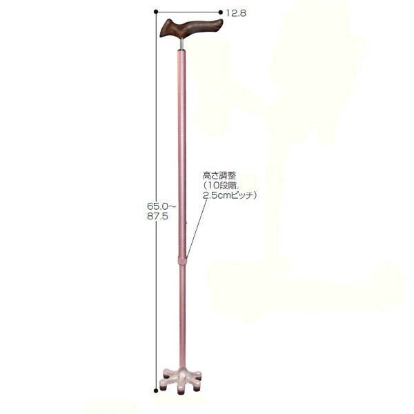 商品説明商品の仕様●サイズ／長さ65.0〜87.5cm（10段階／2.5cmピッチ）、グリップ長さ：12.8cm、ゴムチップ底径：10.2cm●パイプ径／上部：19mm、下部：16mm●重さ／約450g●材質／本体：アルミ合金、グリップ：プラスチック樹脂●最大使用者体重／120kg●ネック形状／細型●適応ゴムチップ外径／16mm●生産国／日本商品の説明・自立式なので病院の受付でも邪魔になりません。・2重構造のゴムで安定感とソフトな使い心地を実現しました。・自立式の多点杖です。・地面をしっかりつかむ感覚が新しい多点杖。・取っ手もオリジナルの持ちやすい形状。＊先ゴムが摩耗した場合、速やかに交換をしてください。＊先ゴムの交換の際、ボルトでしっかりと固定してください。※商品写真はできる限り現品を再現するように心がけていますが、ご利用のモニターにより差異が生じます。あらかじめご了承くださいませ。 採寸は当社で行っております。多少の誤差が生じる場合がございますがご了承くださいませ。アシスト多点杖 【歩行関連 杖 ステッキ つえ】