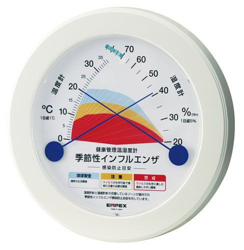 [商品説明]□ 品番：TM-2582□ サイズ：(約)H23.0xW23.0xD4.0cm□ 素材：（外枠材質）PS樹脂※塗装仕上げ□ 重量：約340g□ 仕様：掛式、（機能）温度・湿度計□ 原産国：日本※商品写真はできる限り現品を再現するように心がけていますが、ご利用のモニターにより差異が生じます。あらかじめご了承くださいませ。 採寸は当社で行っております。多少の誤差が生じる場合がございますがご了承くださいませ。感染リスクを赤・黄・青の3段階でゾーン表示してくれる「感染防止目安温室時計」。季節性のインフルエンザの感染対策にもおすすめです。