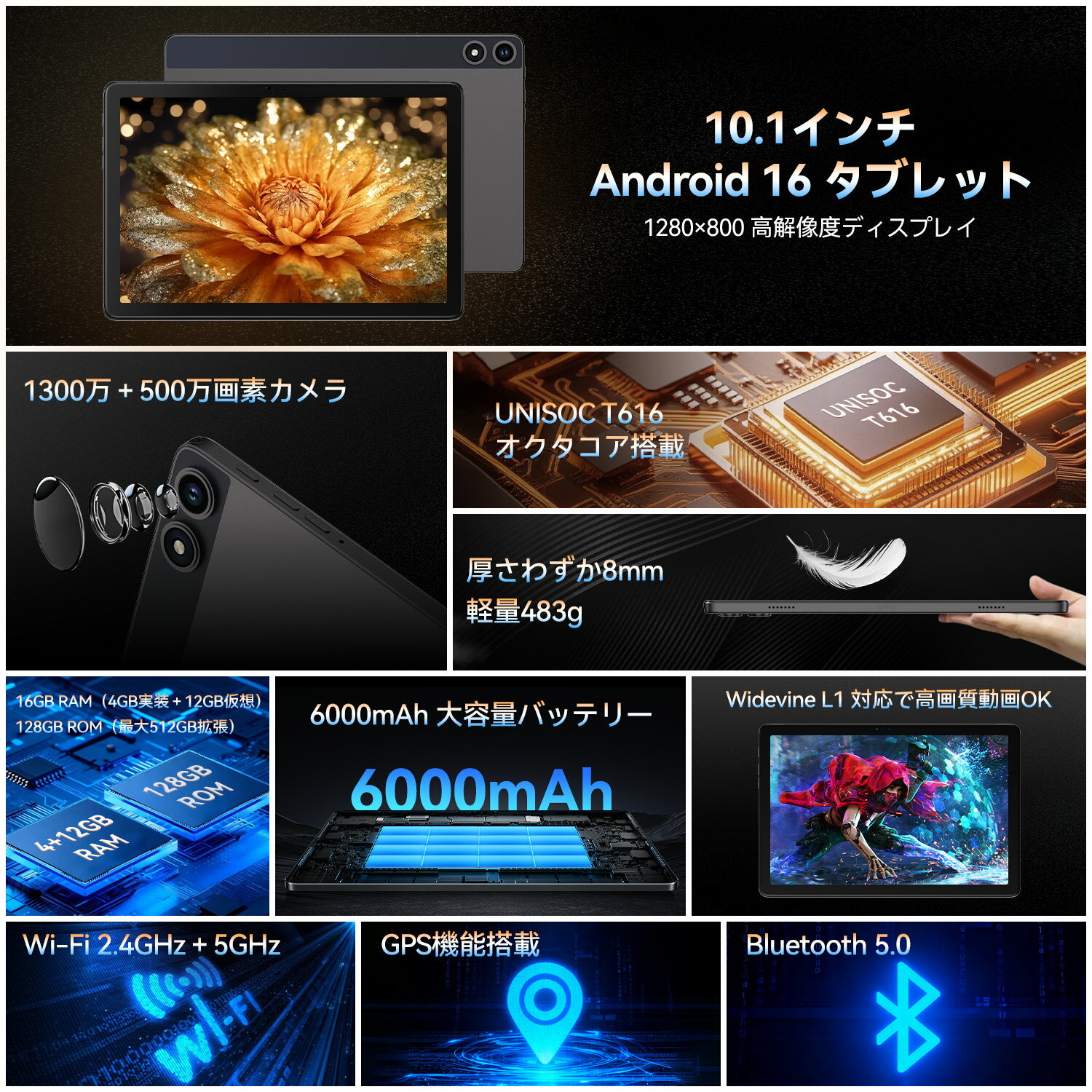 Android 16搭載、Unisoc T616オクタコア、4GB+128GB大容量。10.1インチIPS大画面で動画・学習・ビジネスに最適。