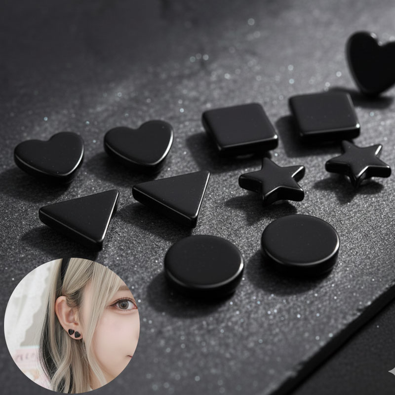 送料無料 両耳用 マグネット ピアス ブラック イヤリング ハート スター 丸 四角 三角 磁石 星シンプル