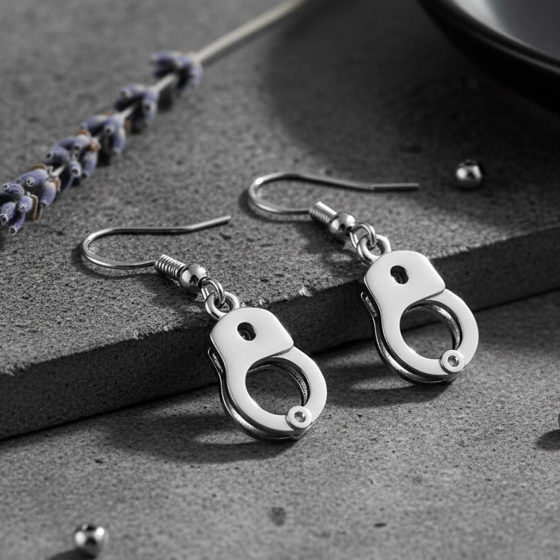 送料無料 両耳用 手錠のピアス レディース メンズ 男女兼用 ユニークデザイン お洒落 銀色 ステンレス