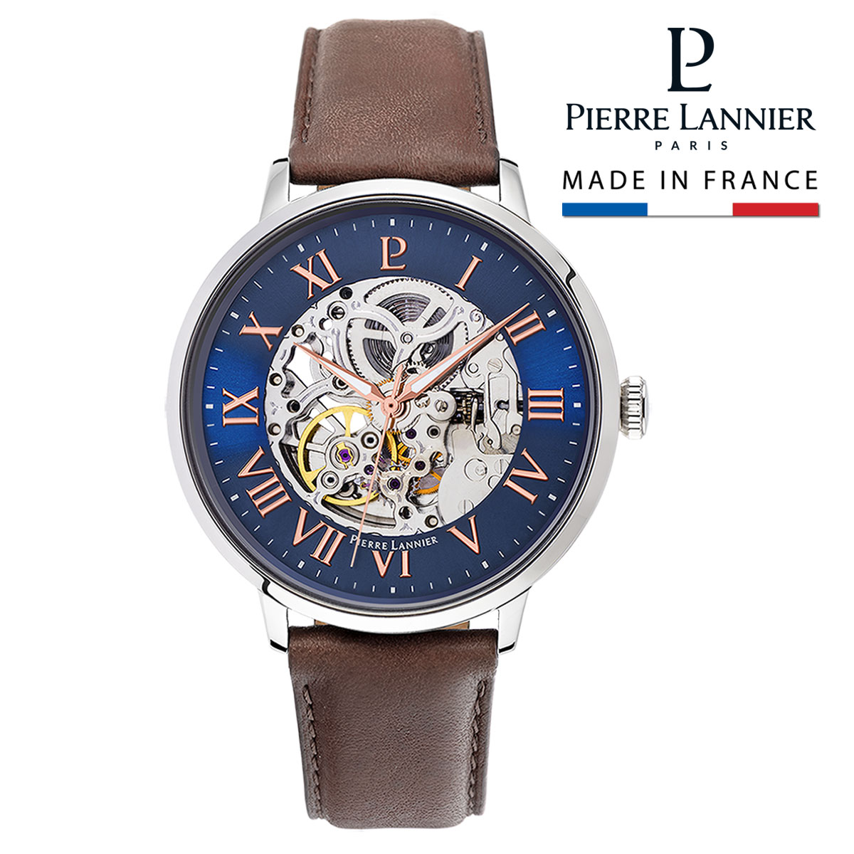 PierreLannier 腕時計 メンズ ブランド 自動巻き スケルトン 42mm 防水 革ベルト 青文字盤 かっこいい おしゃれ 時計 プレゼント 機械式腕...