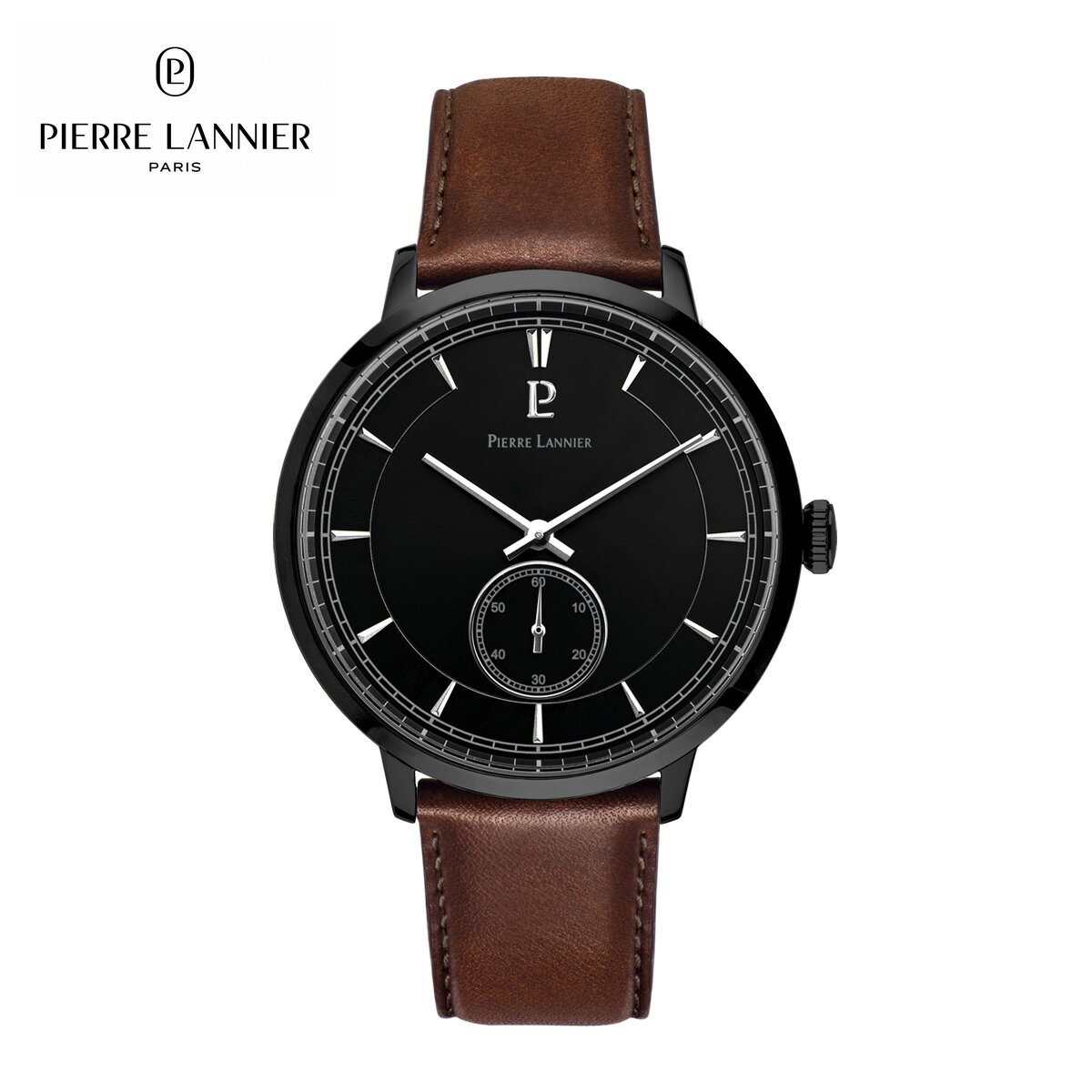 PierreLannier 腕時計 メンズ ブランド スモールセコンド 42mm 防水 革ベルト 黒文字盤 ビジネス アナログ おしゃれ 秒針 誕生日 ギフト プレゼント お祝い 仕事 20代 30代 40代 50代 60代