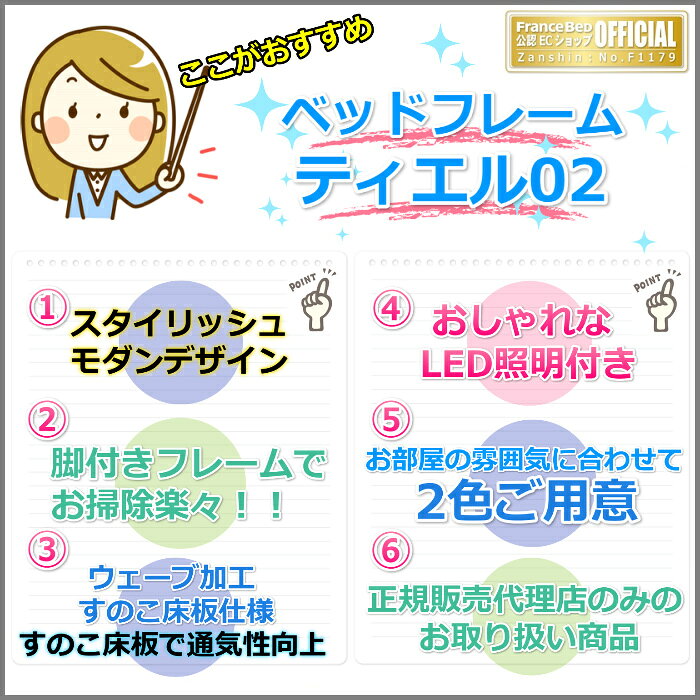 フランスベッド ベッドフレーム ティエル02【開梱組立設置無料】レッグタイプ ダブルモダンな脚付きベッドフレームLED照明・コンセント付き [3]