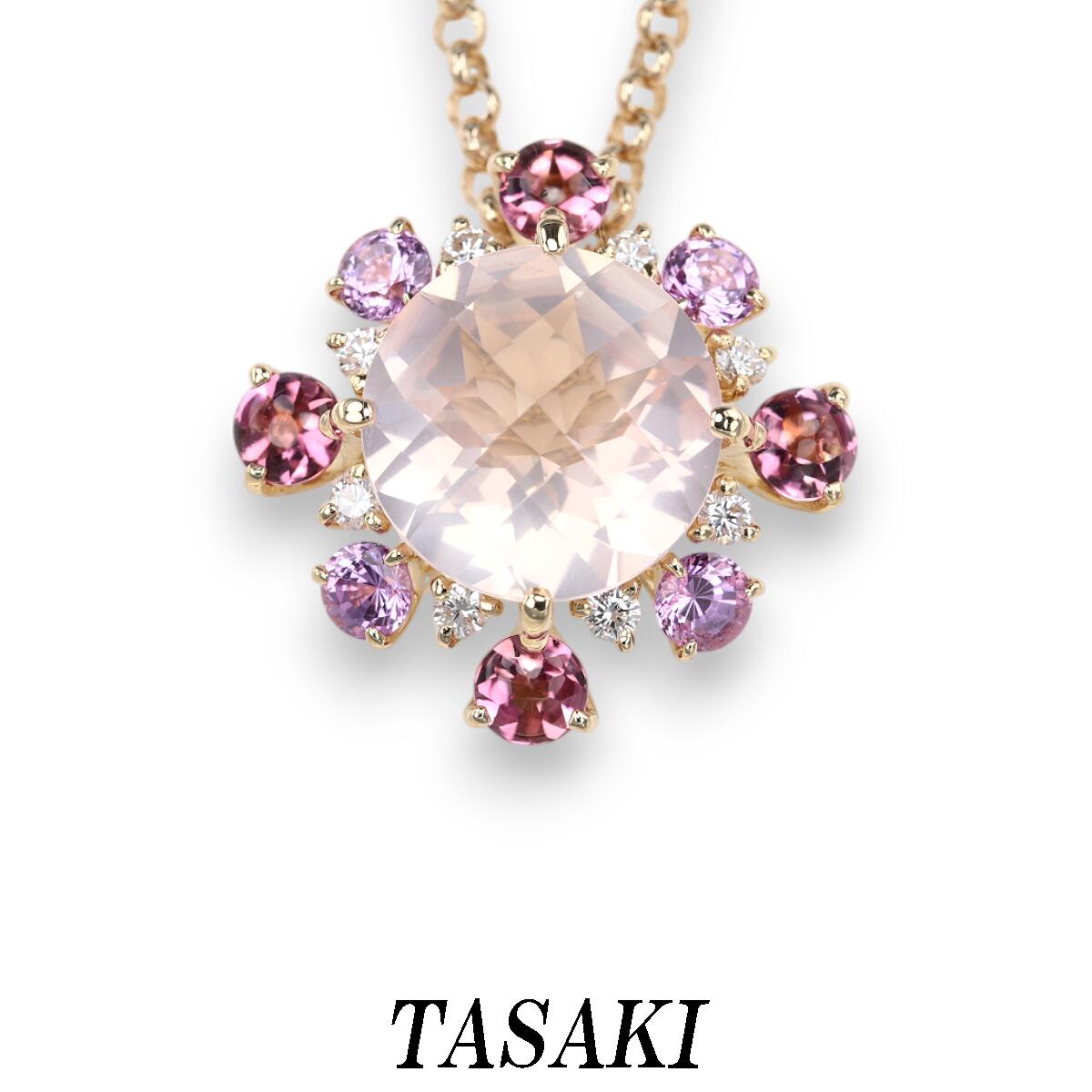 タサキ ローズクォーツ ネックレス D0.13ct K18 ダイヤモンド ダイヤ ピンクトルマリン ピンクサファイア TASAKI 田崎真珠【中古】【JW1077】