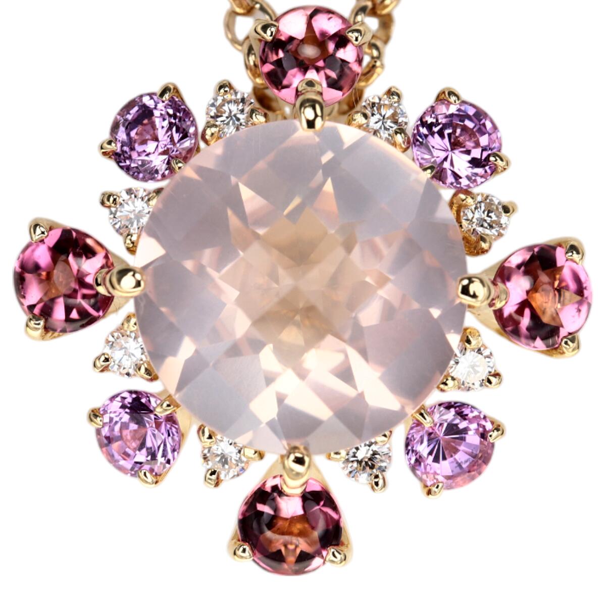 タサキ ローズクォーツ ネックレス D0.13ct K18 ダイヤモンド ダイヤ ピンクトルマリン ピンクサファイア TASAKI 田崎真珠【中古】【JW1077】