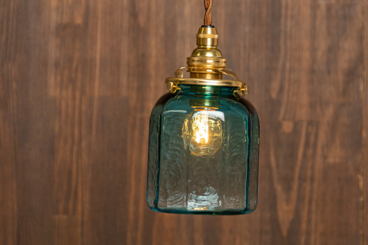 安土草多 吹きガラス ペンダントライト E17 十角筒瓶 青透き被せ AZ-L22Z2 照明 ランプシェード ダイニング 作家物