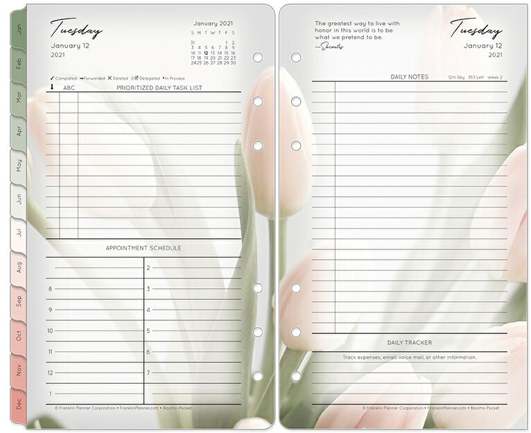【公式】フランクリンプランナー ポケットサイズ(ナローサイズ 変形) ブルーム・デイリー・リフィル （英語版)1日2ページ 2021年1月始まり 6穴 手帳 システム手帳 スケジュール帳
