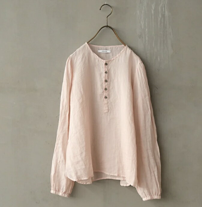 【期間限定クーポン!!】manon マノン OVER DYE RAMIE HENRY NECK BLOUSE マニュアルアルファベット 麻 リネンブラウス シンプル