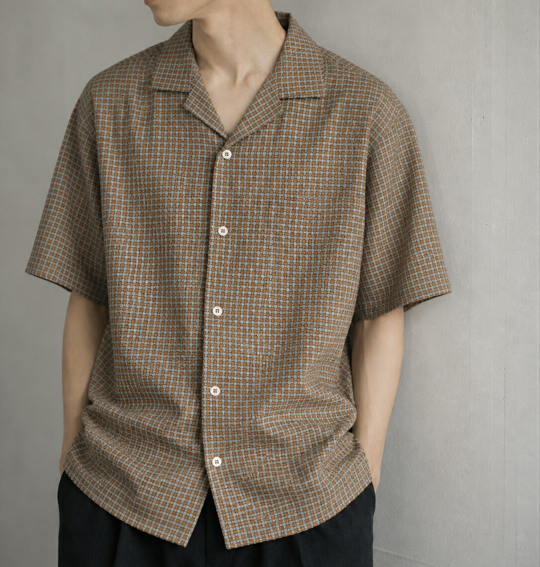 manual alphabet マニュアルアルファベット TAMA BISHI SS OPEN COLLAR SHT 幾何学模様 開襟シャツ Grey Mustard MA-S-841 柄シャツ　綿100