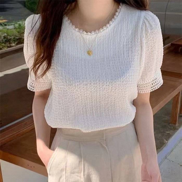 樂天商城 - ゆった OL 通勤 上品 おしゃれ 半袖トップス パフスリーブブラウス 白シフォンブラウス オシャレブラウス 春夏 40代 レディース