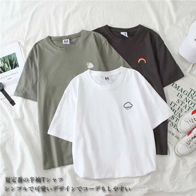 乐天商城 - 半袖Tシャツ レディース Tシャツ クルーネック サマーTシャツ 半袖 カットソー 虹柄 夏Tシャツ レインボー柄 ゆったりTシャツ 可