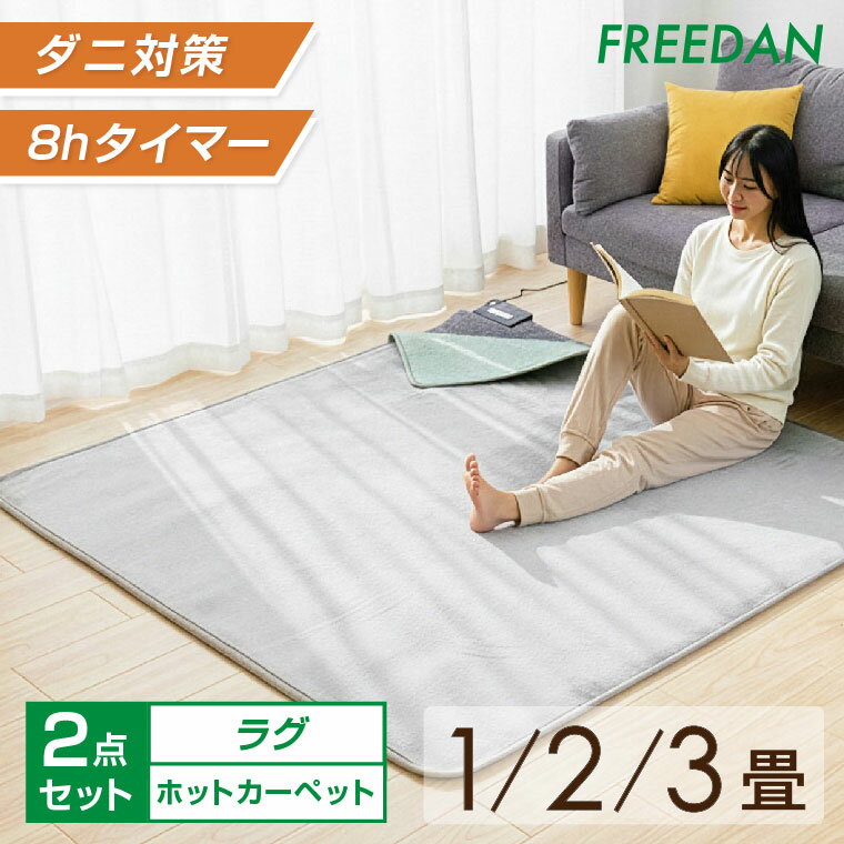 ★ポイント10倍_期間限定★ ホットカーペット ラグ付 ラグセット 本体 ＋ ラグ 1畳 正方形 / 2畳 /3畳 カバーセット 電気カーペット フランネル ラグ 足元暖房 温度調整 ダニ 退治 コンパクト収納 タイマー付 暖房面切替 1年保証 フリーダム