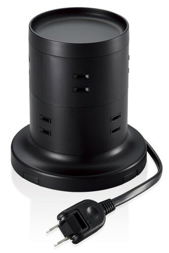 エレコム 電源タップ タワー型 延長コード [ 8個口 ] 固定パーツ付 雷ガード ほこりシャッター 2m ブラック ECT-2720BK