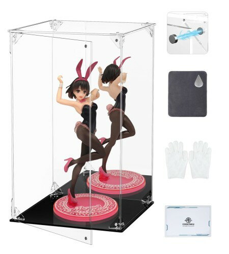 COOLTAKU フィギュアケース アクリル UVカット 背面ミラー マグネット式 磁石付き 前扉 コレクションケース より堅固 組み立て式 アクリルケース ディスプレイケース 防汚れ 手袋 クリーニング クロス付き (幅20×奥行20×高さ30cm, 黒い台座＋背面ミラー)