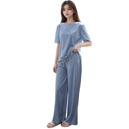 パジャマ 冷感 ルームウェア 半袖と長ズボンのセット 肌に優しい 軽やか 涼しい アイスシルク 通気性 柔らかい 快適 レディース 部屋着 リラックス (JP, アルファベット, Free Size, ブルー)