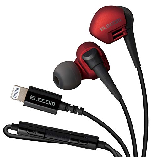 エレコム ステレオヘッドホン(マイク付) 耳栓タイプ Lightning レッド