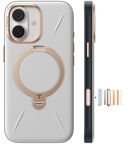 TORRAS iPhone 17 用 ケース新感覚レザー・スキンタッチOstand Q3 レザートーン MagSafe対応 リング スタンド 360°定点回転 縦横両対応 マグネット搭載 革 カメラコントロールボタン 米軍規格 耐衝撃 指紋防止 パール・グレー
