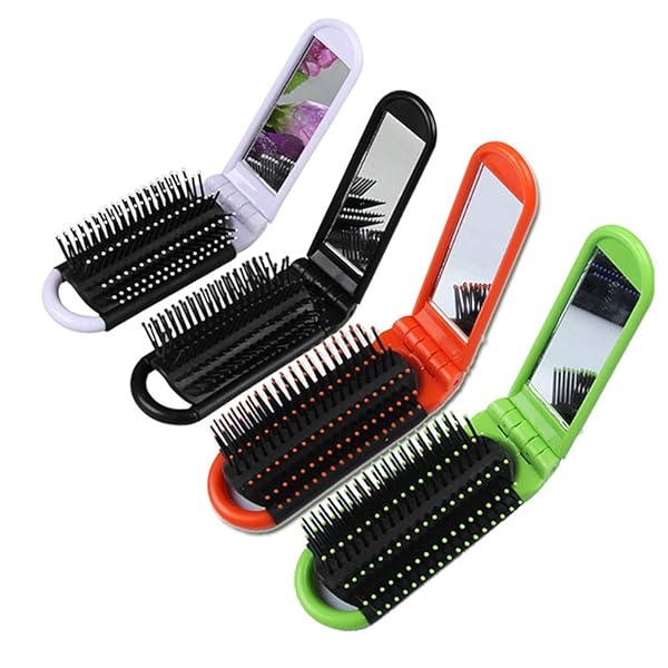 SAMZO 4本 鏡付き 折りたたみヘアブラシ ミラー付き コンパクト 静電防止 櫛 くし 折 りたたみヘアブラ..