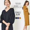 【30日限定 最大15%OFFクーポン】ワンピ S M L LL 3L レディース ワンピース 長そで ボックスワンピース 綿素材 エニワイズ加工 Vネック ひ...