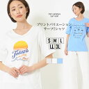 【最大25％OFFクーポン 16日1:59迄】Tシャツ S M L LL 3L レディース トップス 半そで ジャストサイズのシルエット 天竺 洗濯機洗い可 Vネック ソフトな風合い プリント サンセットビーチ 春 夏 秋 大人カジュアル 大人かわいい【最安値に挑戦】【メール便】