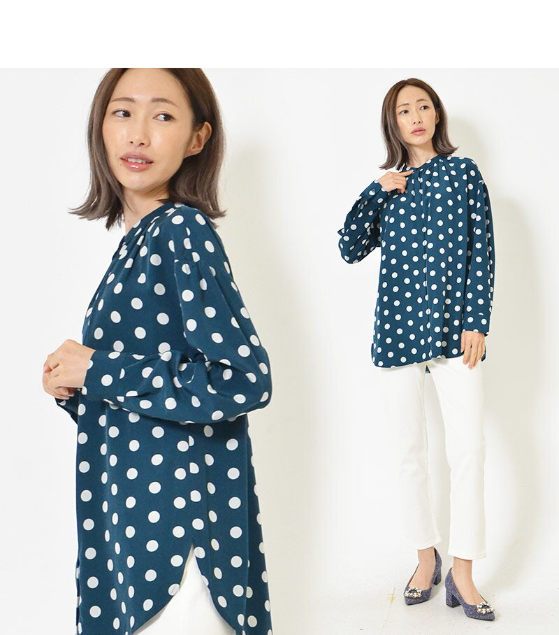 チュニック LL 3L レディース トップス 長そで ふんわりシルエット ギャザー ドット バンドカラー 無地 春 秋 大人カジュアル 大人かわいい【最安値に挑戦】【メール便】