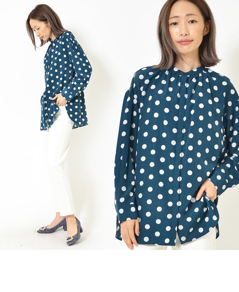 チュニック LL 3L レディース トップス 長そで ふんわりシルエット ギャザー ドット バンドカラー 無地 春 秋 大人カジュアル 大人かわいい【最安値に挑戦】【メール便】