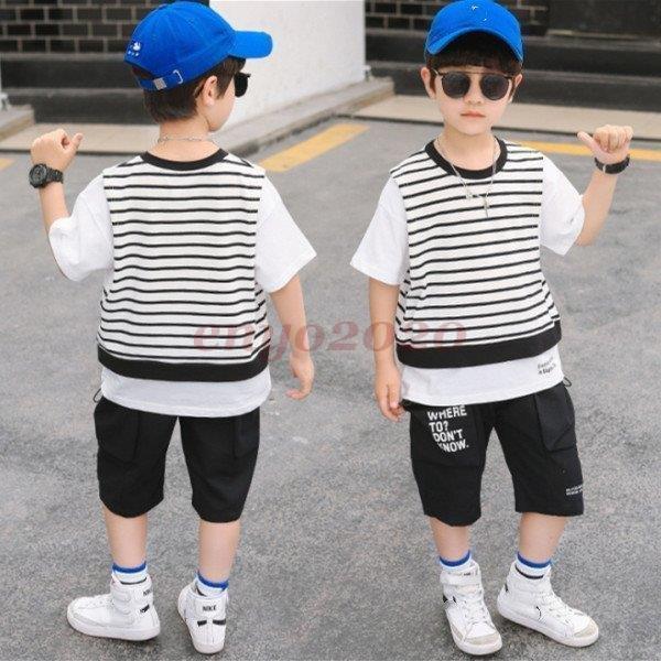 韓国子供服 セットアップ 男の子 ベビー 上下セット 夏服 パーカー + パンツ 2点セット キッズ ジュニア 丸首 半袖 五分丈 カジュアル 普段着 通学 通園