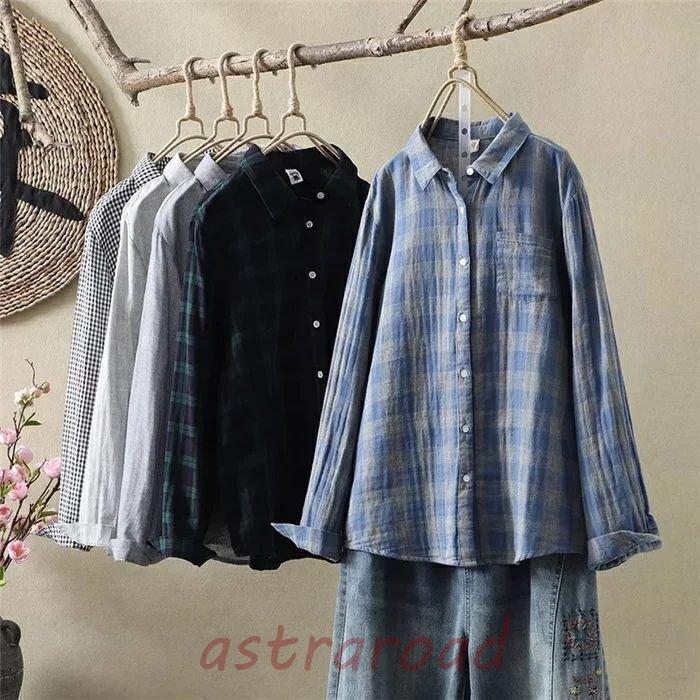 ガーゼコットン シャツブラウス レディース チェック シャツ ブラウス 長袖 トップス 無地 ガーゼ カジュアル グレンチェック 2重ガーゼ 大きいサイズ 体型カ