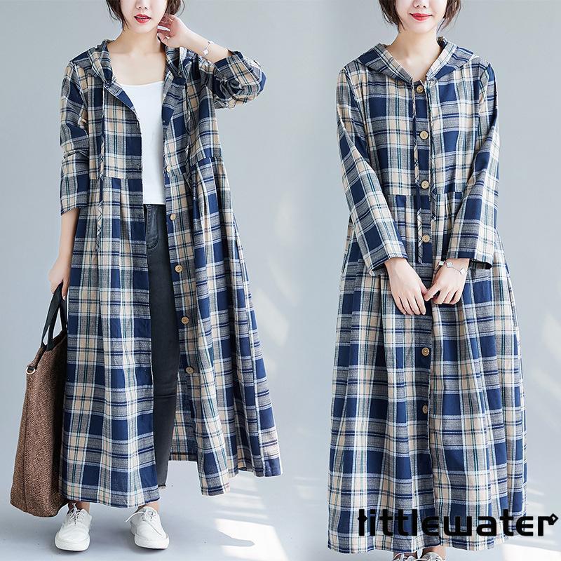 フード付き ワンピース 長袖 春 ロングワンピース マキシ丈 チェック ナチュラル 羽織り パーカー カジ..