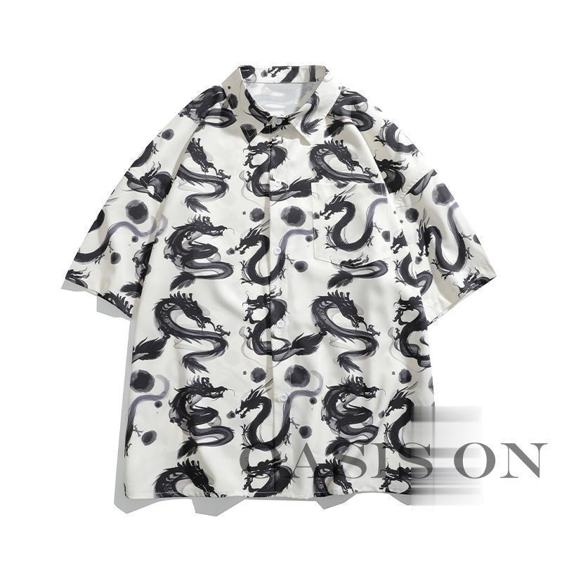 アロハシャツ メンズ 半袖シャツ かりゆし 大きいサイズ 柄シャツ ドラゴン 龍 夏 サマー ポケット ア..