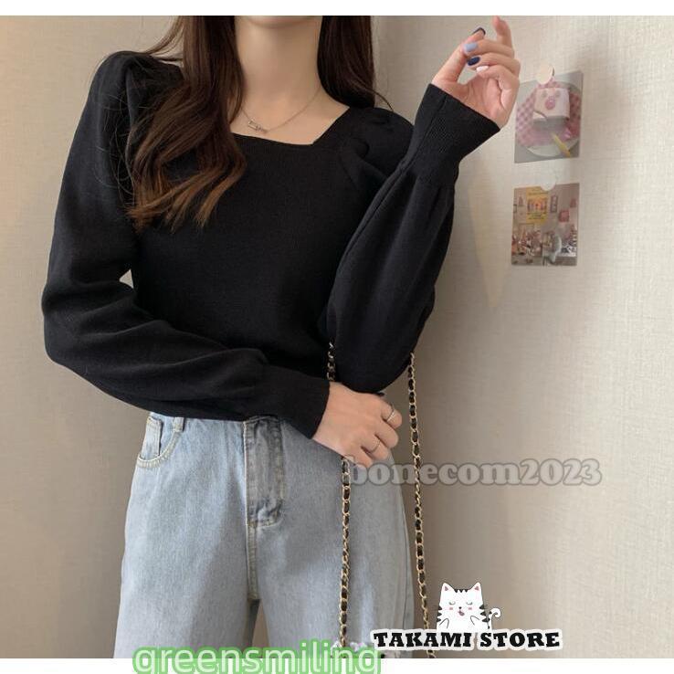 ブラウス レデイーズ30代秋 冬 スクエアネック トップス 長袖 パフスリーブ ニットセーター 着回し 着痩せ プルオーバー 無地 細見え 大きいサイズ お洒落