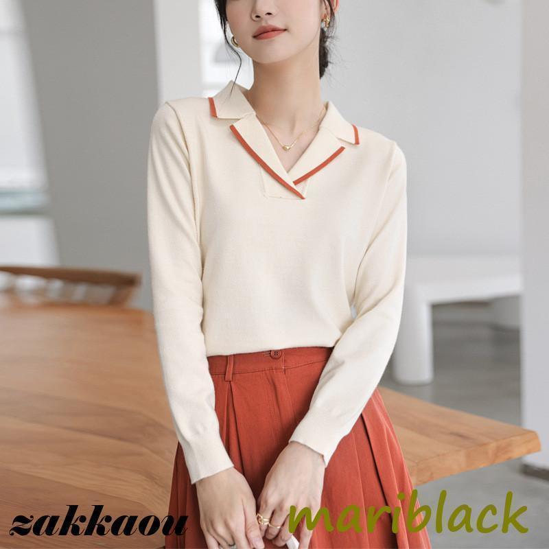秋冬 ボトミングシャツ ポロラペル ニットセーター 女性用 ブラック アプリコット フェミニン レトロシ..