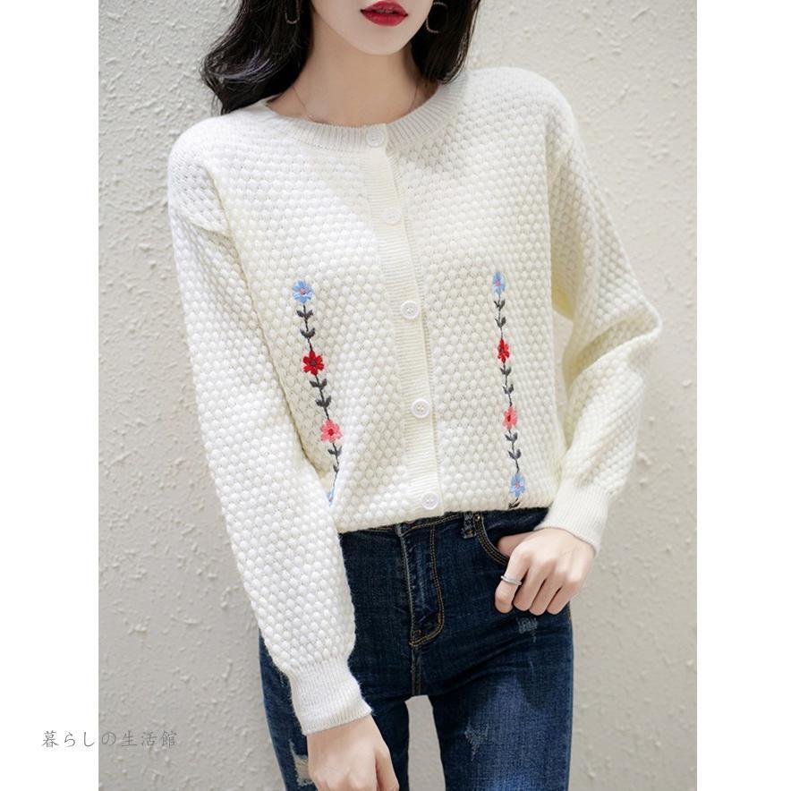 ニットセーター レディース 刺繍 丸襟 前開き 長袖 大人 ゆったり 着やすい セーター 刺繍入り 秋冬 可..