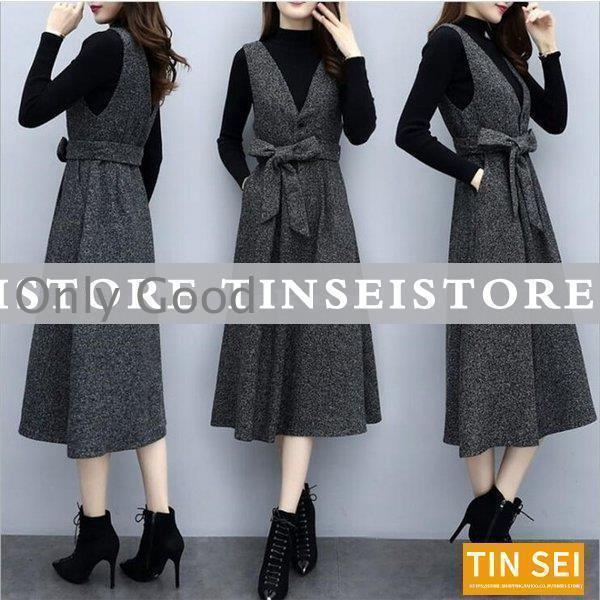 セットアップ レディース 秋 冬 ジャンパースカート 秋新作 Vネック ロング ベルト付き きれいめ ベストワンピース 2点セット ニットソー 黒 着痩せ 通勤...