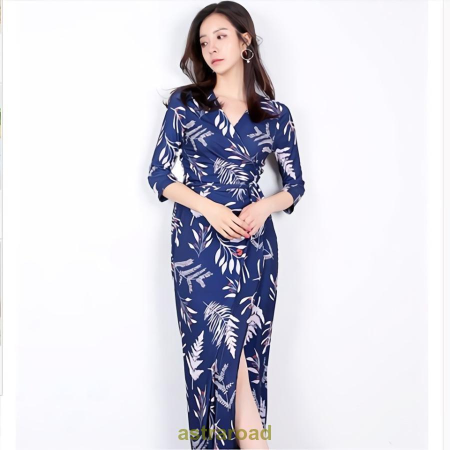 ワンピース カシュクール マキシ丈 ロング丈 スリット 七分袖 レディース 春 おしゃれ 大人 夏