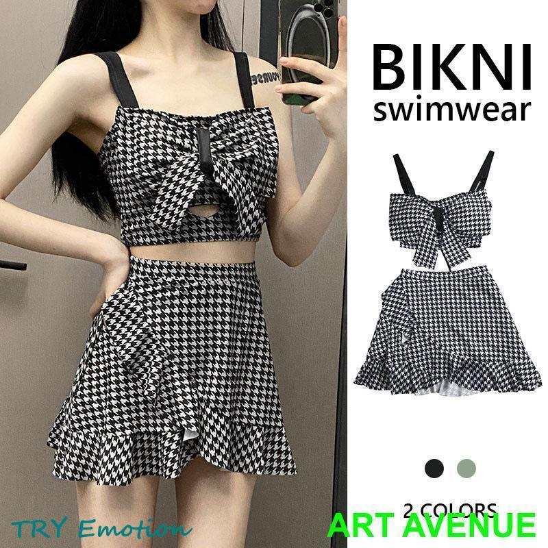 水着 レディース ビキニ 水着体型カバー おしゃれ 2点セット 可愛い 千鳥柄 小胸 10代 20代 30代 40代 水着レディース 水着セット 上下セット
