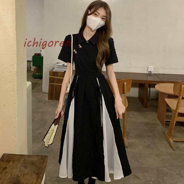 ワンピース レディース チャイナドレス風 ロングワンピース 半袖 エレガント Aライン ドレス パーティー 夏 通勤 通学 春 夏 優雅 細身