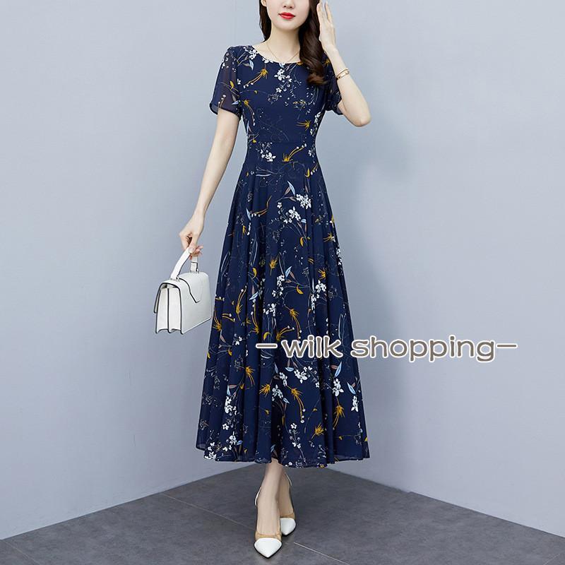 ワンピース レディース 40代 きれいめ 夏 マキシワンピース 半袖 シフォン 花柄 大きいサイズ パーティードレス 韓国風 おしゃれ 可愛い 通勤 OL 上品 着痩せ