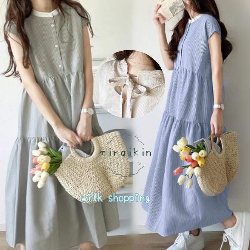 ワンピース ロング 夏 半袖 シャツワンピース バックリボン ティアードワンピース ストライプ 無地 ボリューム フレンチスリーブ 40代 30代 大人可愛い ゆったり