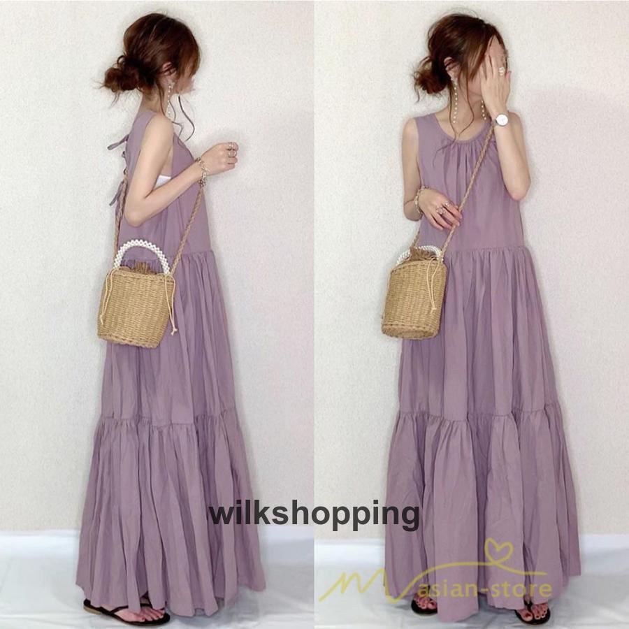 ロングワンピース 袖なし タンクワンピース 夏 ロング ティアードワンピース フォーマル 40代 着痩せ 黒ワンピース パープル aライン バックリボン付き 30代